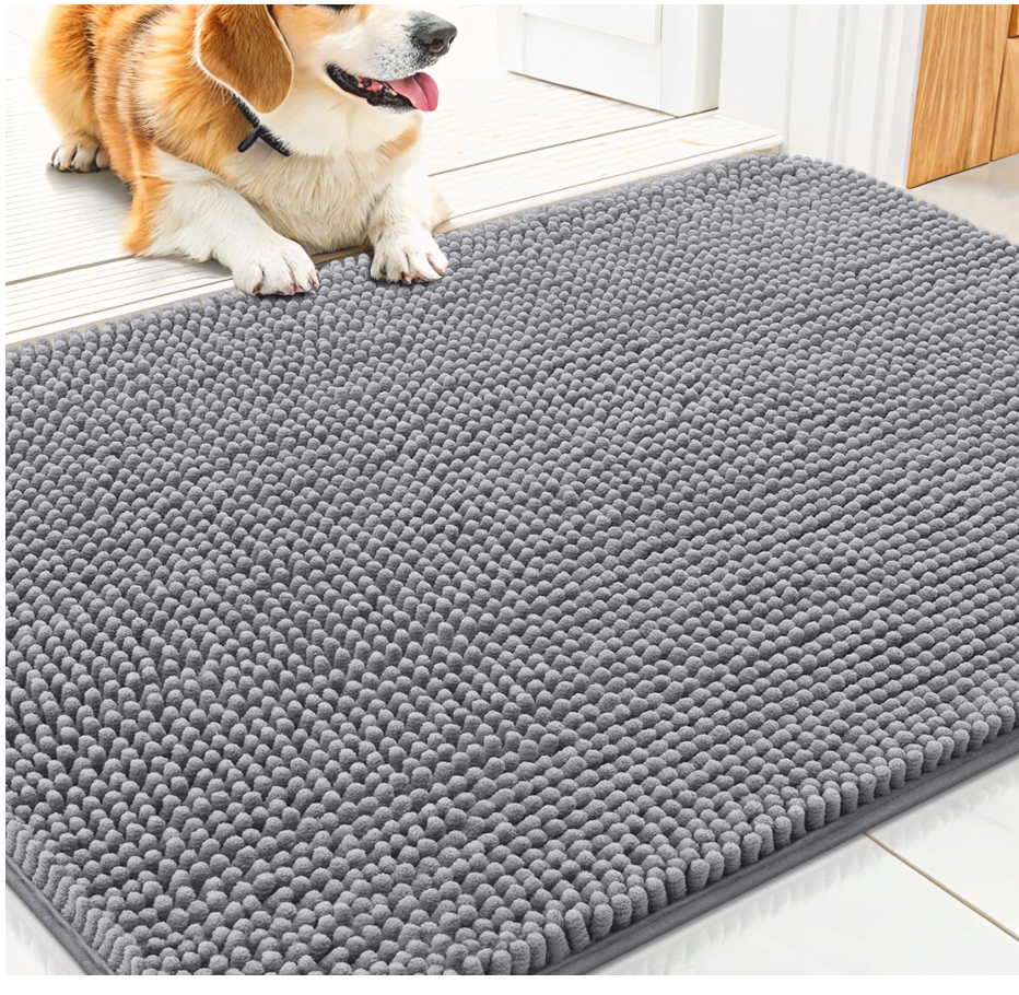 Smiry Dog Door Mat for Muddy Paws 30x20, Absorbs Moisture and Dirt Doormat | Grey, Non-Slip Washable Quick Dry Chenille Front Door Mat Indoor Entrance, Entryway Carpet for Inside Floor
