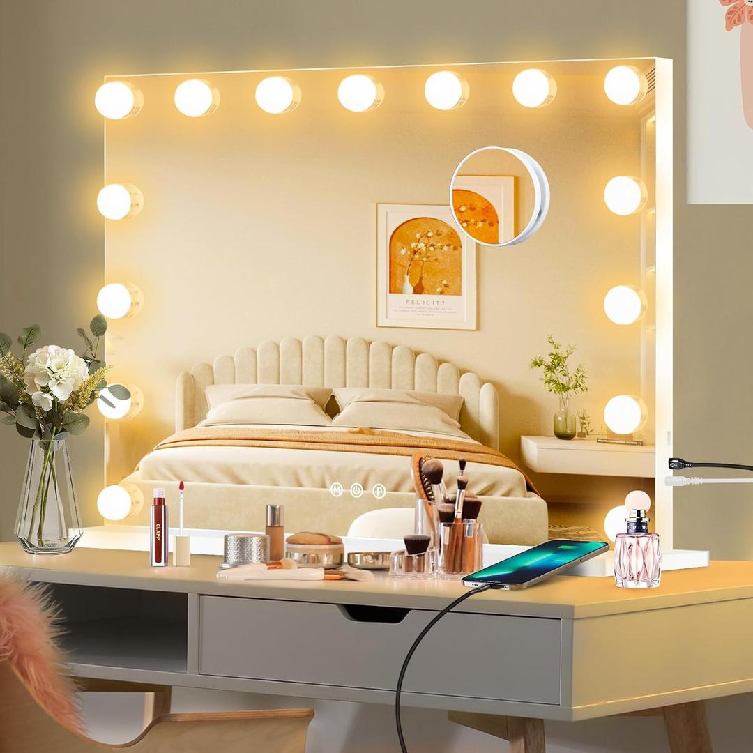 Moonee Vanity Mirror with Lights, Hollywood Lighted Makeup Mirror with 15 Dimmable Bulbs and 10X Magnification, 3 Colors Modes, Aluminum Metal Frame, Light Up Mirror for Tabletop or Wall23" x 18" (White)