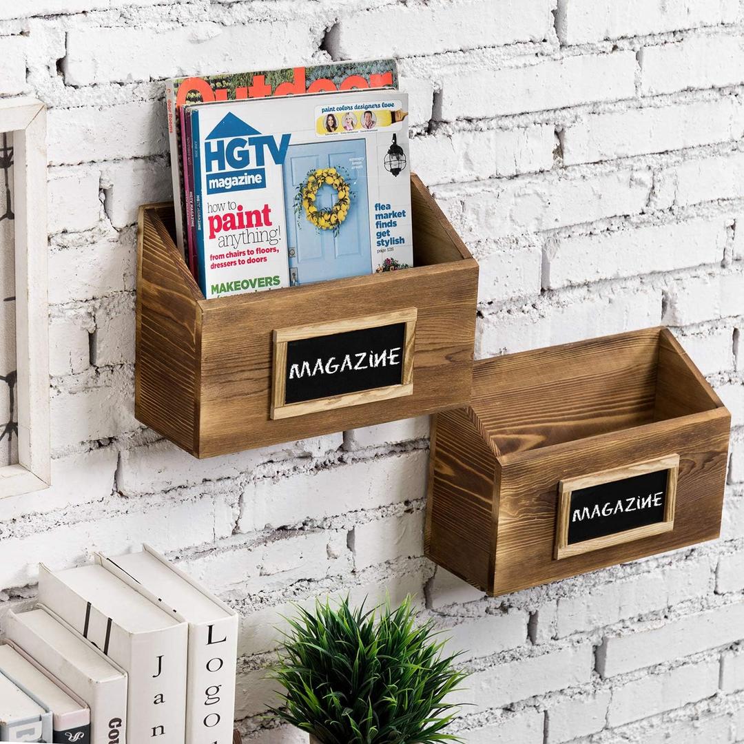 MyGift Rustic Burnt Wood Wall Mounted Mail, File & Magazine Holder Sorter Rack with Chalkboard Label, Set of 2 (Brown)
