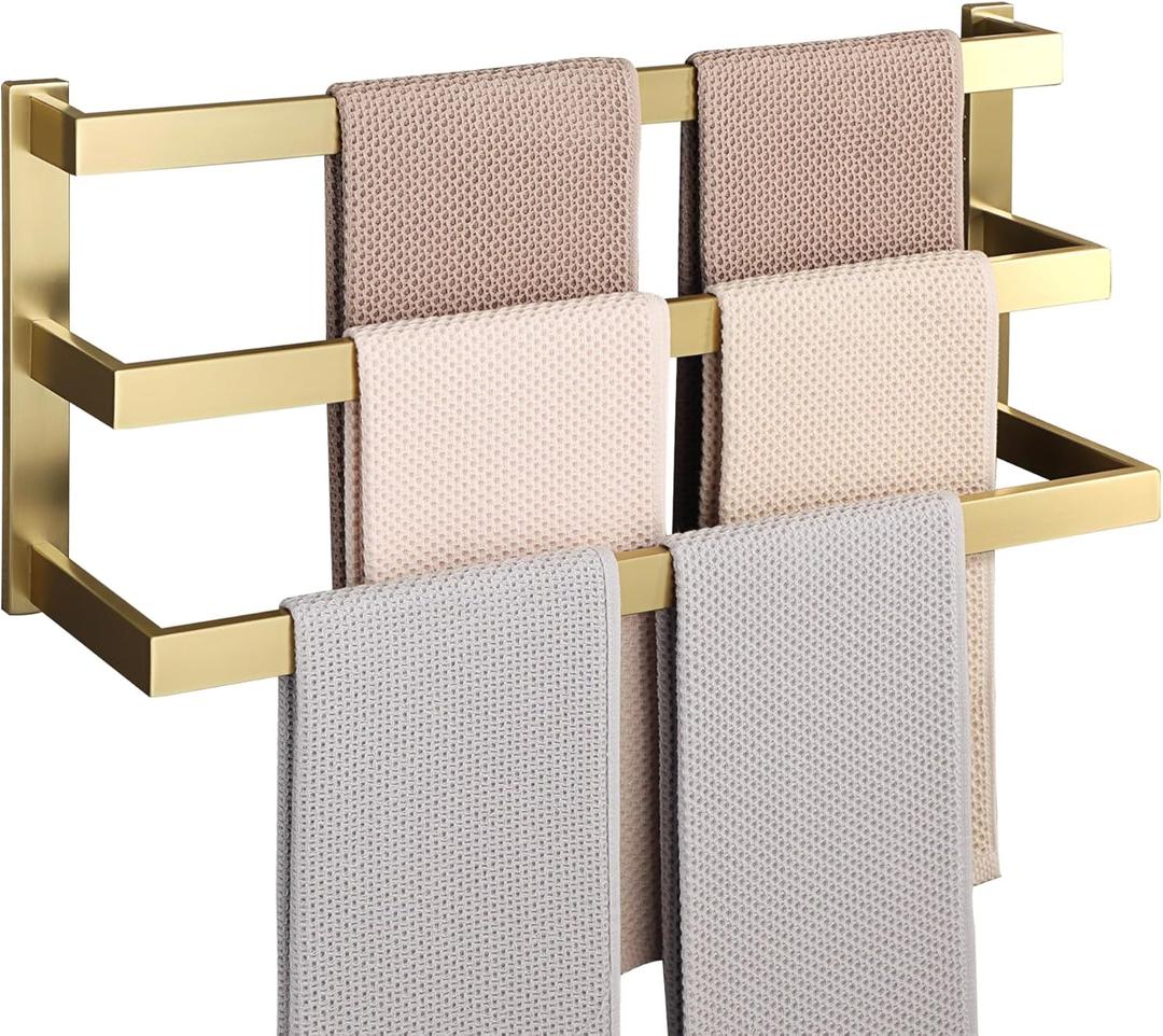 Alise 3-Layers Towel Bars for Bathroom Wall Mount,Brushed Gold Towel Holder Towel Racks for Bathroom Lavatory,SUS304 Stainless Steel Square Towel Rail Towel Hanger for Walls