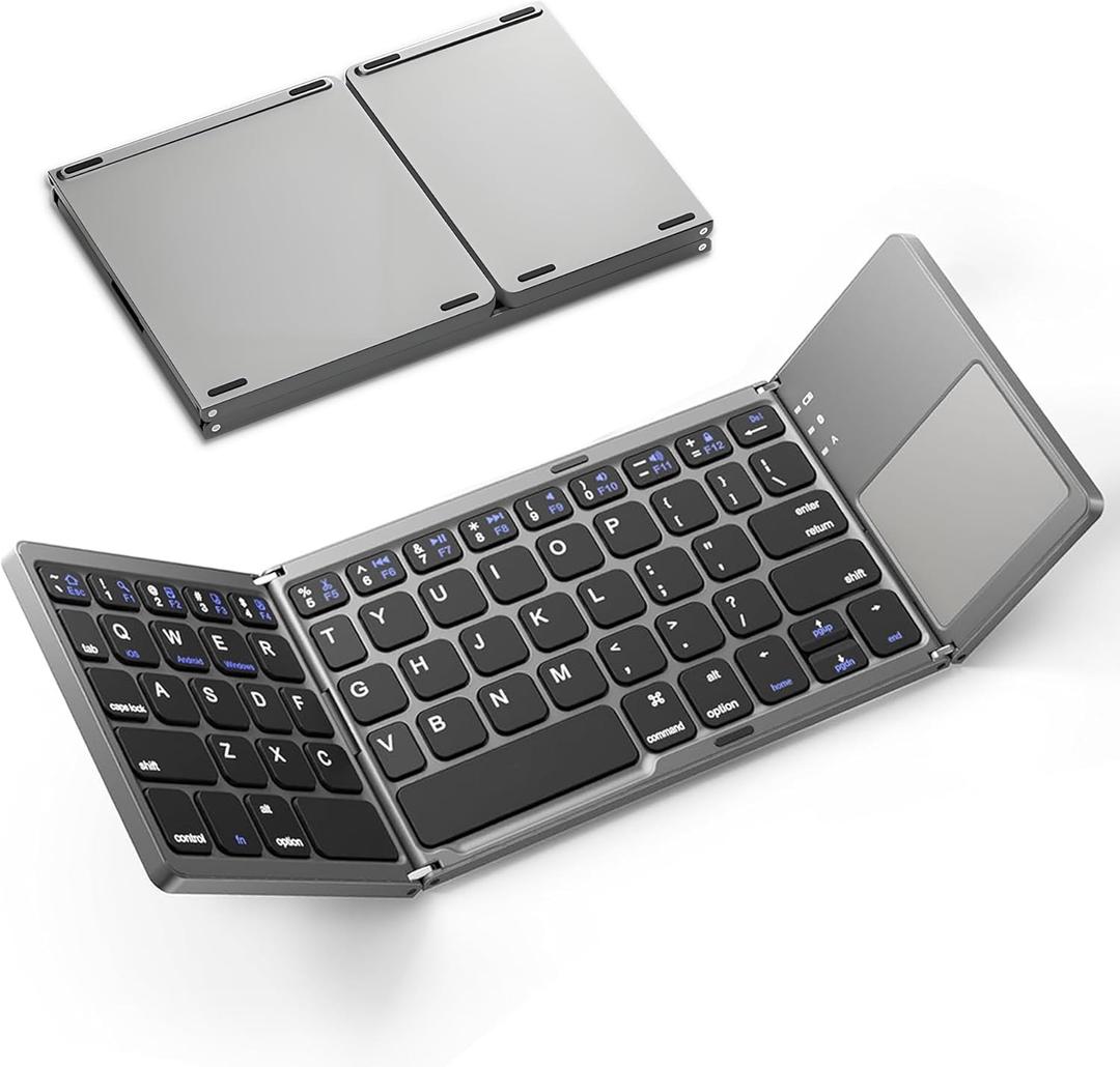 Foldable Bluetooth Keyboard with Touchpad, Ultra Slim Portable Wireless Keyboard with Rechargeable Battery for Android Windows iOS Tablets Laptop-Space Gray