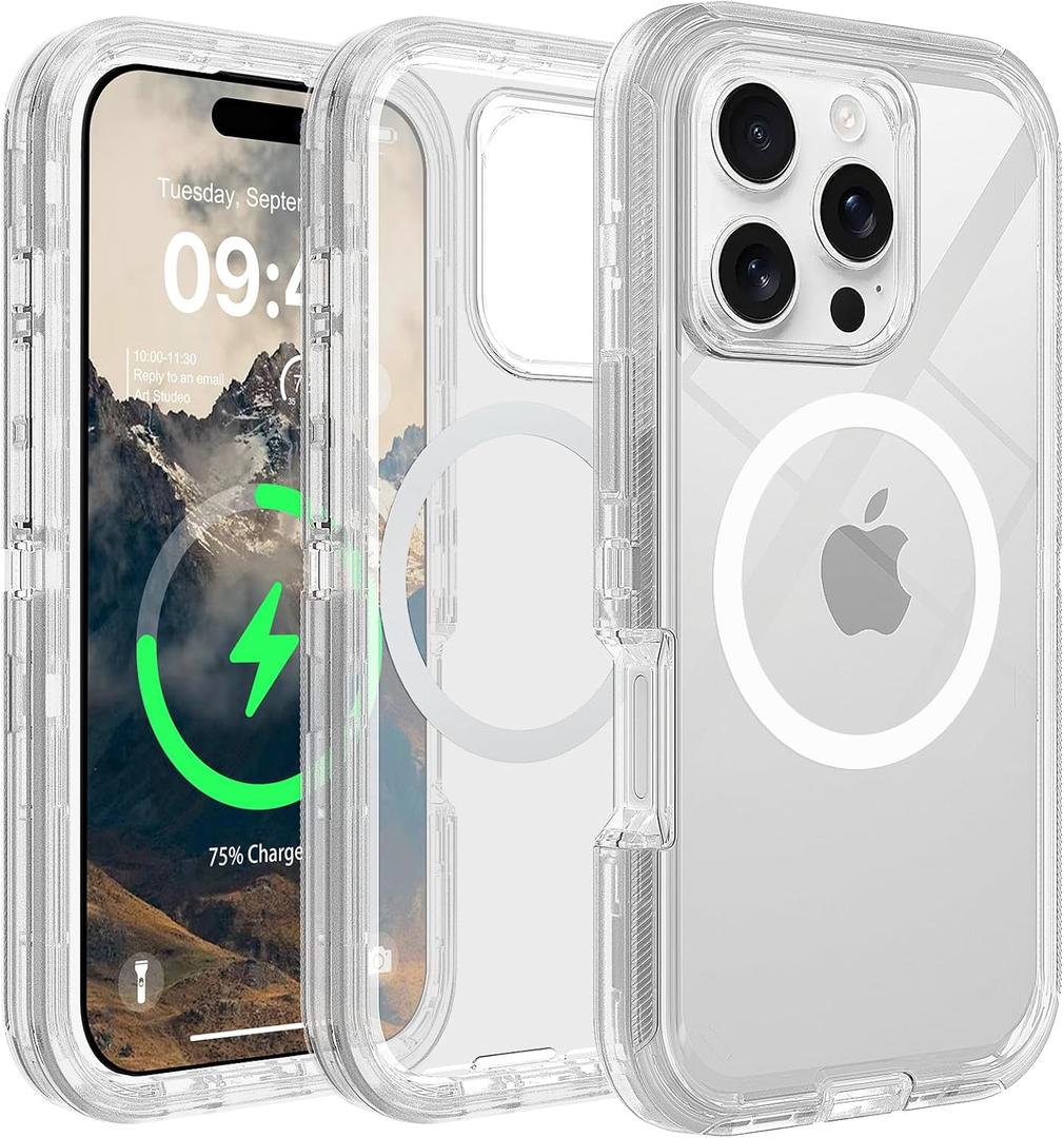 6 Pro Max Clear Case, Compatible with MagSafe, Anti-Yellowing, Shockproof, Dropproof, Heavy Duty Protection, Triple Layer Magnetic Phone Case Cover, 6.9", Clear