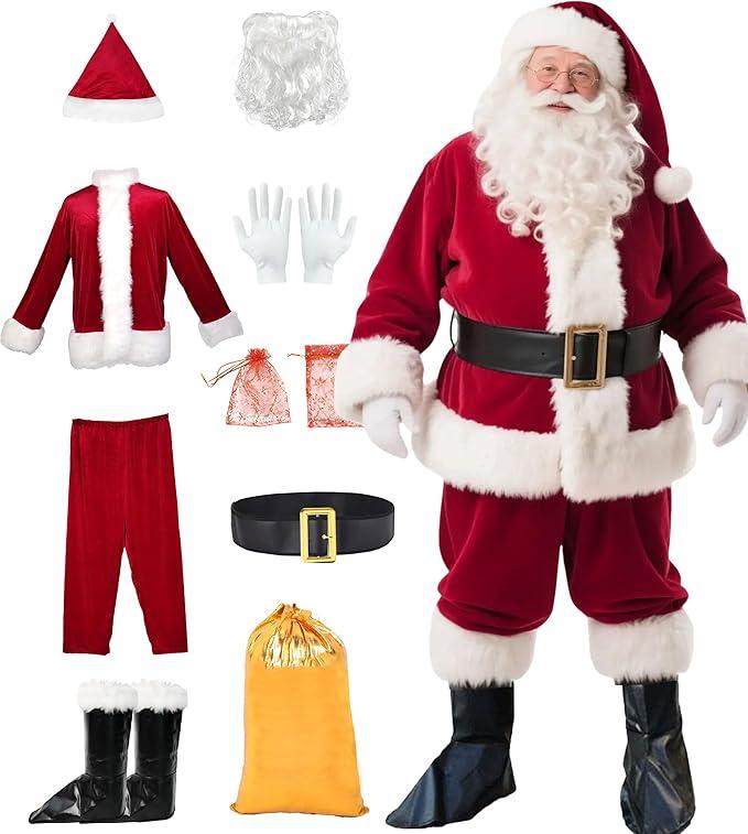 AMHSCOCA Santa Claus Costume for Men Christmas 9pcs Santa Suit Adults Men Professional,Santa Outfit Jacket Set Xmas Cosplay