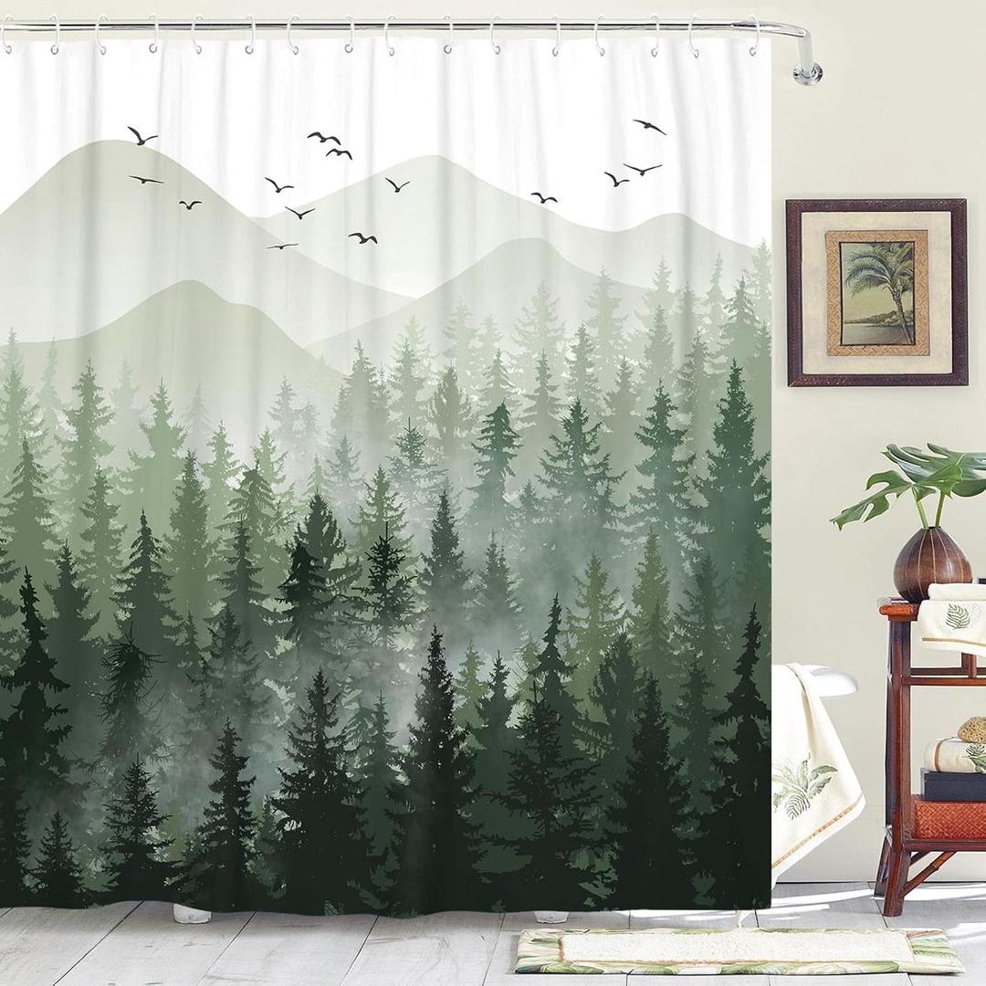 Accnicc Green Misty Forest Shower Curtain Ombre Sage Green White Mountain Pine Tree Waterproof Fabric Shower Curtains for Bathroom Nature Woodland Decorative Modern Bath Curtain Decor 72x72 Inches