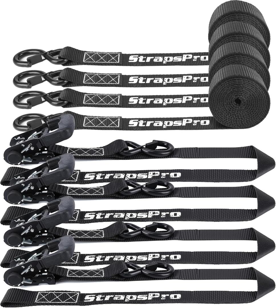 Ratchet Straps, 1.5'' x 16FT - 4400lb Break Strength Tie Down Strap Ratchet Heavy Duty, 4 Pack Cargo Straps Ratcheting with Integrated Soft Loops Truck Strap for Motorcycle, Car, ATV, UTV (Black)