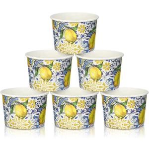 50 Pcs Capri Lemon Party Decorations Amalfi Coast Treat Snack Cups 8oz Blue Tiles Yellow Lemon Citrus Fruit Disposable Paper Summer Bowls Dessert Cups for Mediterranean Party Birthday Bridal Shower