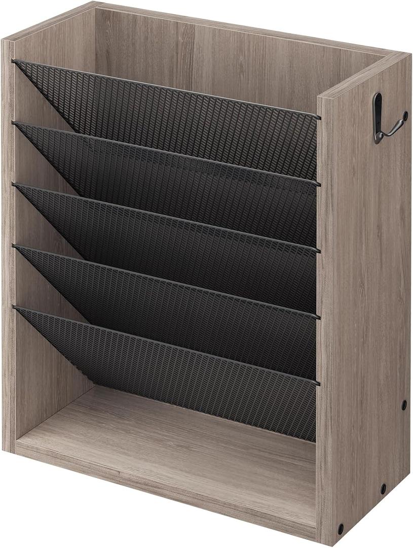 Creso Hom Hanging Wall File Organizer, 6 Tier Wood Wall File Holder with 2 Hooks, Mail Organizer Wall Mounted with Bottom Flat Tray, Vertical Paper Desk Storage for Office, Home, Greige