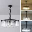 Black Modern Crystal Chandelier, 2-Tier Round Flush Mount Ceiling Light Fixtures Height Adjustable Pendant Lighting for Dining Room Living Room Bedroom Kitchen Hotel Foyer