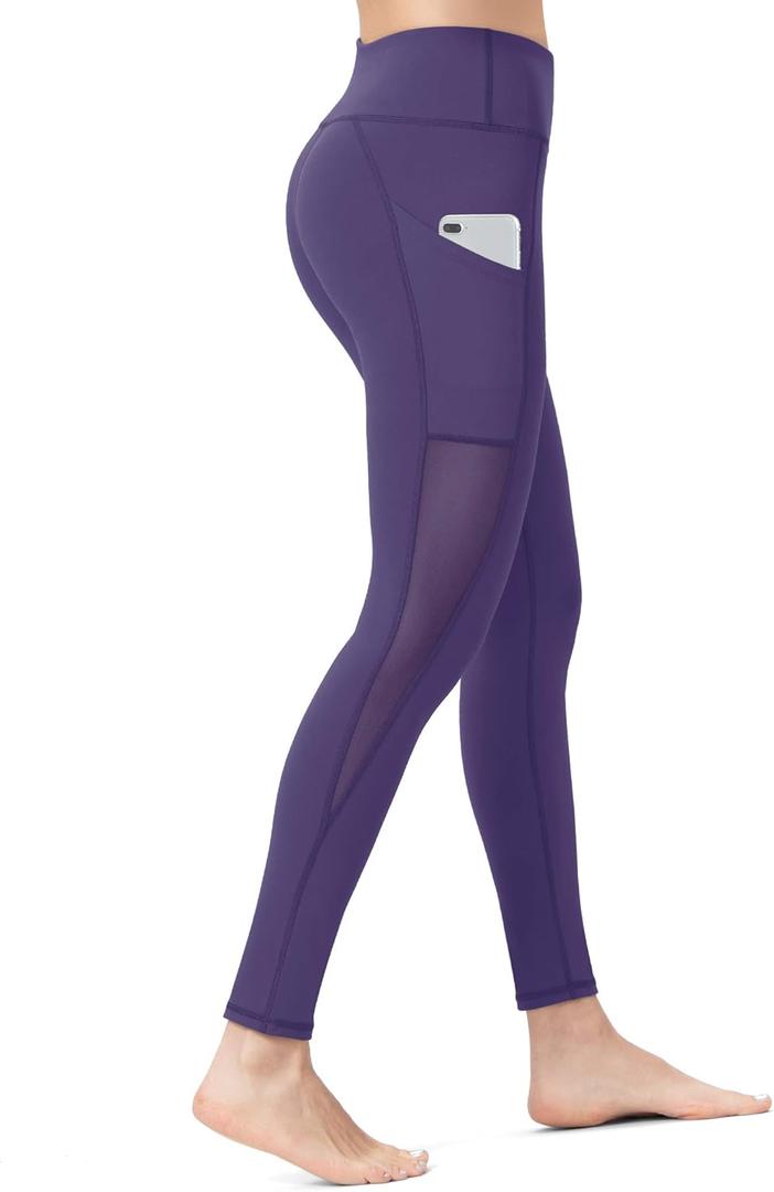 ALONG FIT Women's Mesh Yoga Leggings with Side Pockets Tummy Control Workout Running Capris High Waist Yoga Pants (Blue, XS)