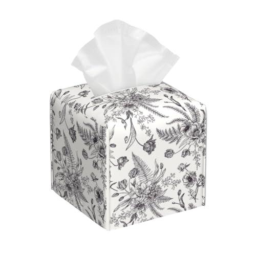 Black and White Flowers Tissue Box Cover Square,Vintage Floral Plant Leaves Tissue Box Holder Waterproof Leather Facial Paper Organizer Dispenser for Bathroom Home Car Nightstand Vanity Desk