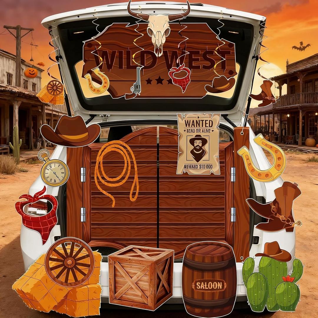Aodaer 18 PCS Halloween Western Trunk or Treat Car Decoration Kit Wild West Cowboy Trunk or Treat with Backdrop Banner Swirls Cards for Car Archway SUV Garage Door Decorations Halloween Party Supplies
