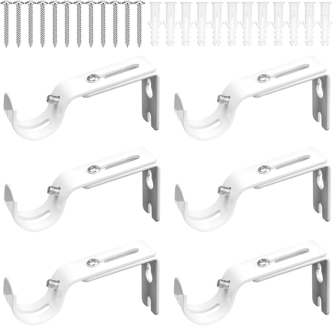 White Curtain Rod Bracket, Curtain Rods Holders, Drapery Rod Bracket Support Up to 1" Rod with Wall Mounts and Screws, 6PCS