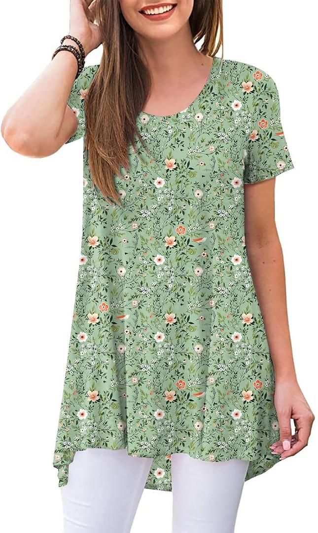 POPYOUNG Women's Summer Long Tunic Top To Wear With Leggings Short Sleeve Shirt Loose Fit Dressy (Medium, Flower Bird Green)