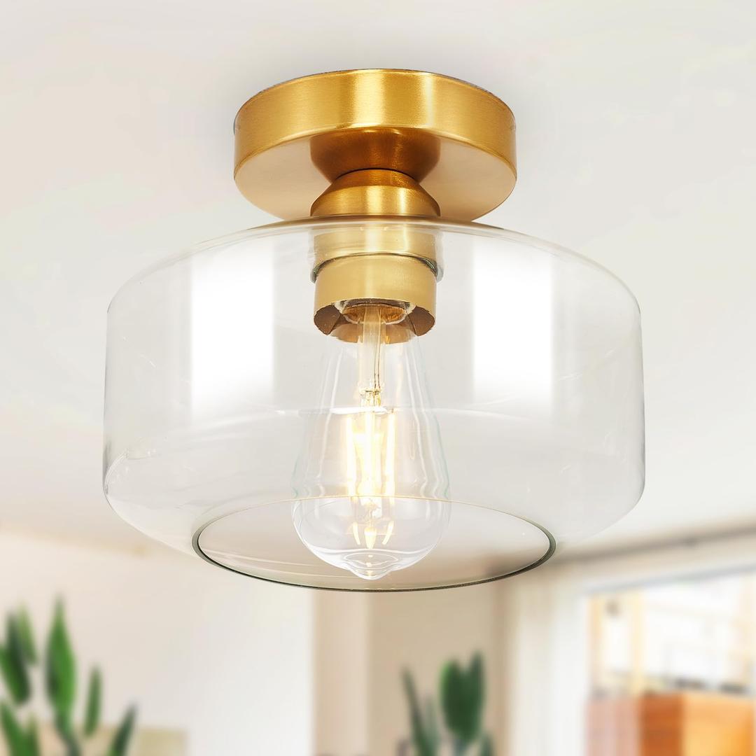 Industrial Semi Flush Mount Ceiling Light: Gold Kitchen Lighting Fixtures Ceiling with Clear Glass - Vintage Hallway Light Fixtures E26 Bulb Included - 8.46” Light Fixtures Mount for Foyer
