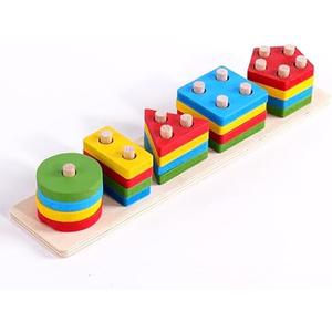 Wooden Toy for Children, Colourful Geometric Shapes, Stacking and Sorting, Montessori Learning Game