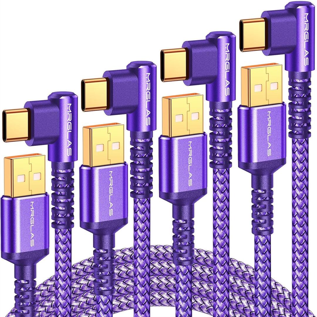 MRGLAS 3.2A USB C Charger Cable, [4-Pack, 10+6.6+3.3+1.6FT] USB A to USB C Right Angle Gold-Plated Type C Charger Fast Charge Durable Braided Cord for iPhone 17 16 15 Samsung S10 Note 10 S21 LG-Purple