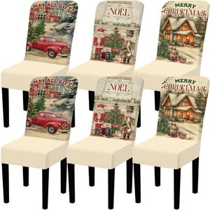 6 Pack Christmas Decoration Chair Covers Nutcracker Stretch Seat Slipcovers Dining Room Chair Covers Removable Truck Farmhouse Xmas Protector for Holiday Kitchen Decor(Vintage Style,Beige)