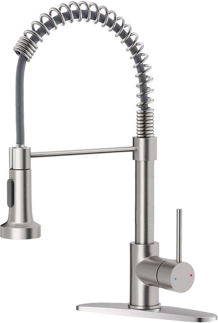 Kitchen Faucets, Brushed Nickel Kitchen Sink Faucet with Pull Down Sprayer Single Handle with Deck Plate Stainless Steel, Suitable for Farmhouse Camper Laundry Rv Bar - OWOFAN 9009SN