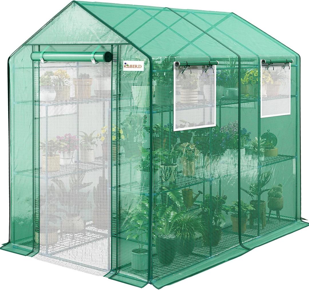KING BIRD Premium Greenhouse for Outdoors, 84x56x77 in Walk-in Hot House with Thickened Cover, Reinforced Frame, Screen Windows & Mesh Door, 3 Tiers 20 Shelves for Outside Garden Seedlings, Green