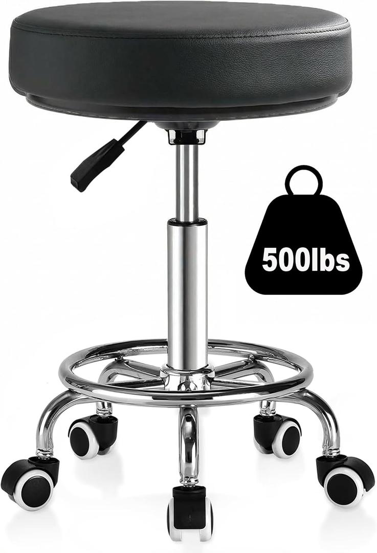 Adjustable Rolling Stool with Wheels 500lb Heavy Duty Round Rolling Stool with Footrest, Patent Leather Drafting Stool Chair with Wheels Work Spa Salon SeatBlack