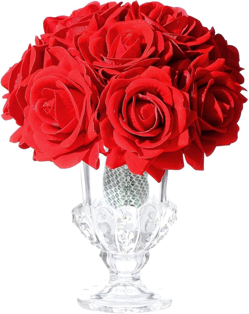 Velvet Roses in Crystal Glass Vase, Artificial Flowers with Vase, Silk Flower Arrangements for Home, Wedding, and Office Décor Table Arrangement Centerpiece, Red