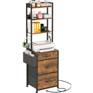 3 Fabric Drawer Tall File Cabinet with Charging Station, 4-Tier Filing Cabinet with Adjustable Shelf, Printer Stand for Home Office, Fits A4/Letter/Legal, Rustic Brown, 68.9''H