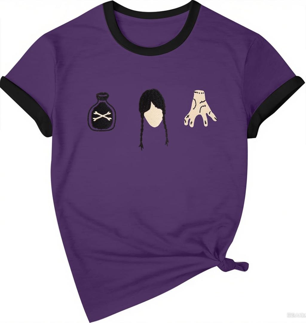 Womens Halloween Shirt Week Day Embroidery Girls Shirts Short Sleeve Tee Tops (Large, Purple)