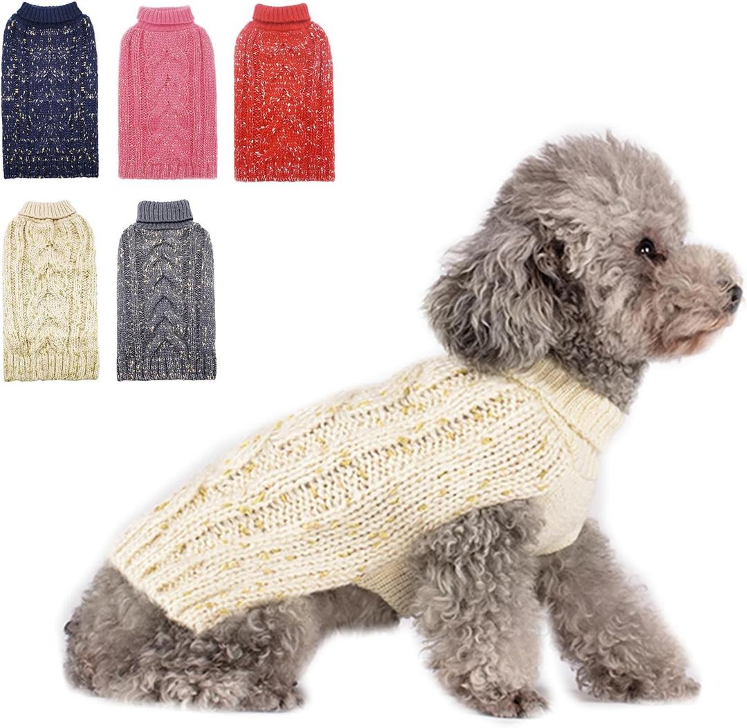 KYEESE Dog Sweater Warm Dog Clothes for Small Dogs Turtleneck Dogs Coat Turtleneck Knitwear Sweater with Golden Yarn for Fall Winter, Beige, Large
