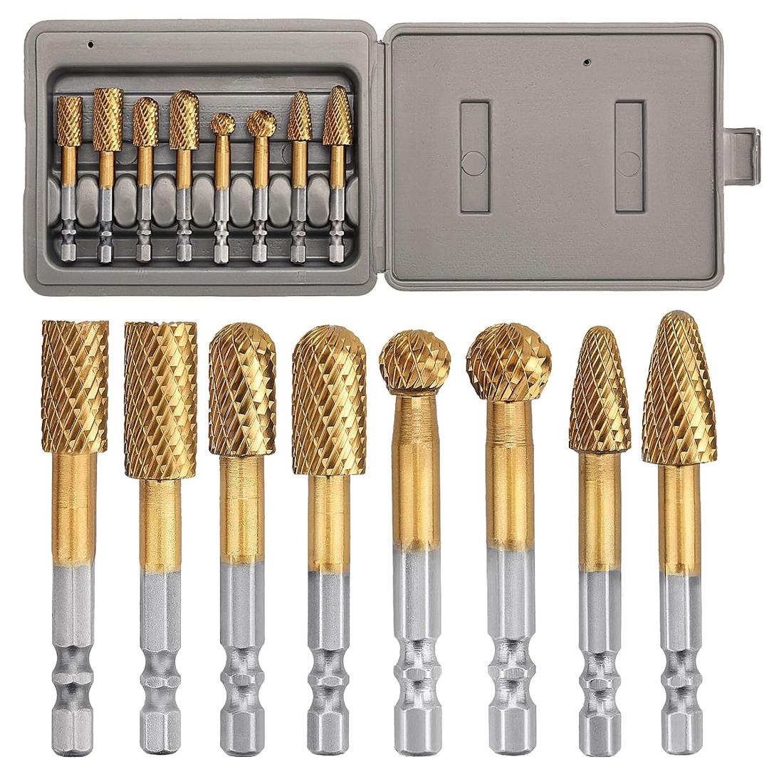 8Pack Carbide Burr Set (3/8 & 1/2 inch Diameter) with 1/4 inch Hex Shank,Tungsten Carbide Rotary Burr Set for DIY Grinder Metal Wood Engraving Polishing Drilling Grinding Milling Cutting