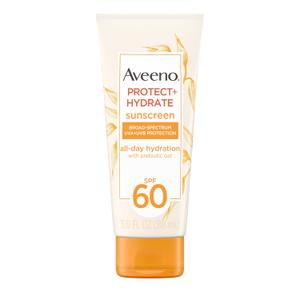 Aveeno Protect + Hydrate Moisturizing Body Sunscreen Lotion with Broad Spectrum SPF 60 & Prebiotic Oat, Weightless & Refreshing Feel, Paraben-Free, Oil-Free, Oxybenzone-Free, 3.0 fl. oz | Moisturizing, Body, Prebiotic Oat, Weightless, Refreshing Feel