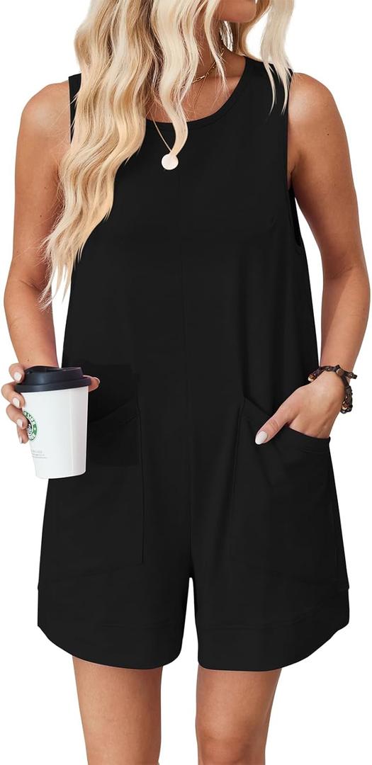 VUTRU Rompers for Women Summer Short Jumpsuits Loose Fit Casual Romper Comfy Cotton One Piece with Pockets (XX-Large, Black)