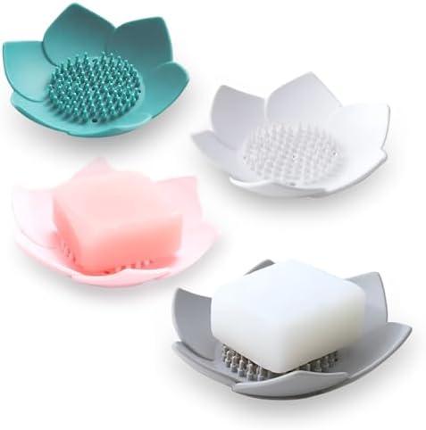 Pack Of 2 Set of 4 Silicone Lotus Soap Trays – Quick-Drain, Non-Slip Holders for Shower, Bathtub, Sink & Modern Bathroom Decor