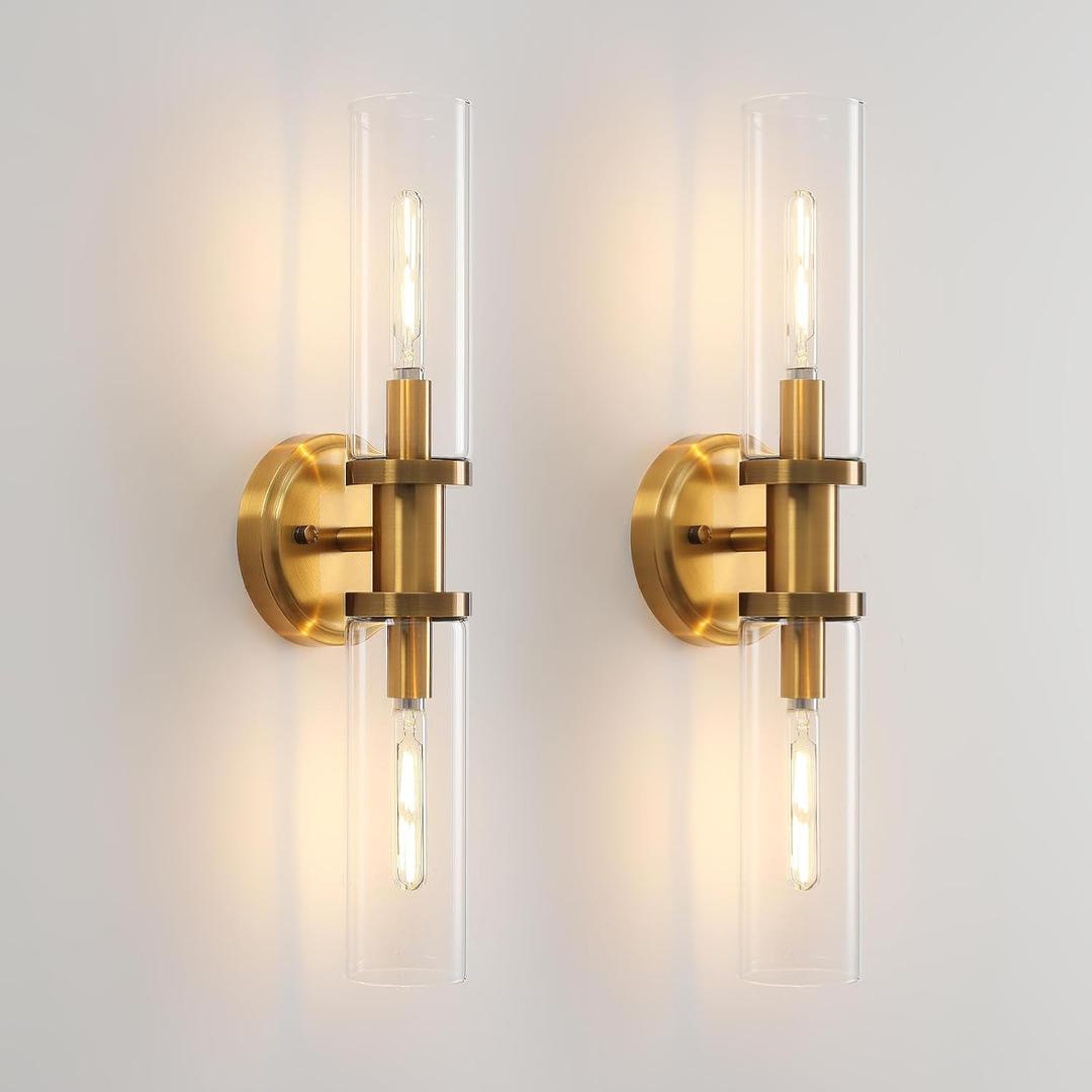 KUZZULL Wall Sconces Set of Two Brushed Brass Gold Sconces Lighting with Clear Glass Wall Lamp Modern Wall Sconce Light Fixtures Sconces Decor Set of scones Lights Set of 2, 28in