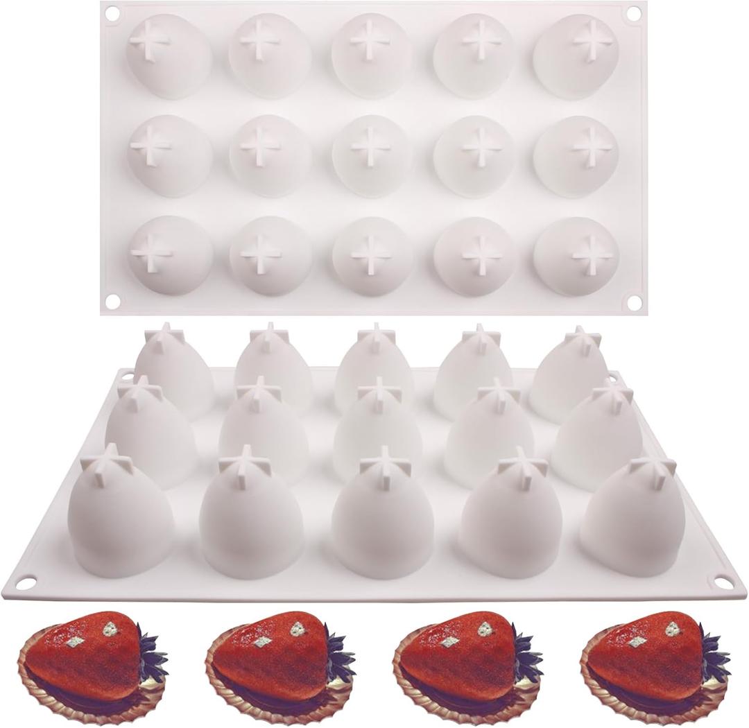 Strawberry Chocolate Silicone Mold for Mousse Cake(15-Cavity), Fruit Shaped Fondant Mold for Birthday Party Cake Decoration Pastry Dessert Pudding Ice Cream Candle Soap (White(3D Strawberry Silicone Baking Mold XL291))