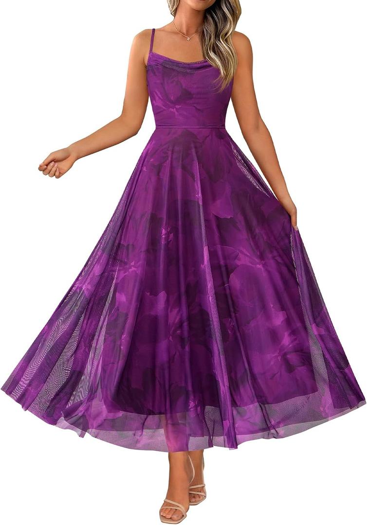 BTFBM Women Summer Floral Maxi Dresses Elegant Spaghetti Strap Dress Printed Party Dress Beach Long Dresses (Purple, M)