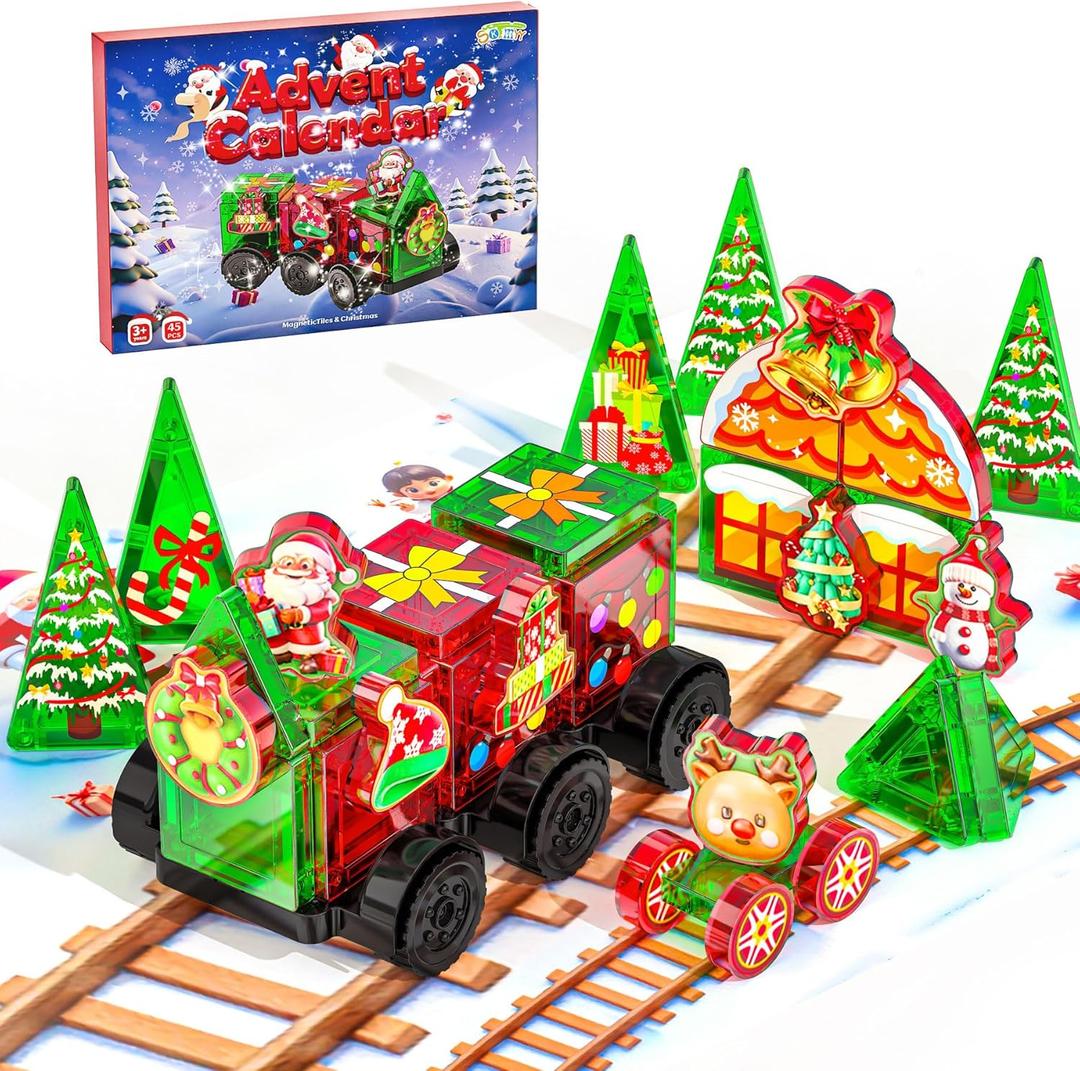 Magnetic Tiles Advent Calendar 2025 for Kids - 45PCS Christmas Countdown Calendar with Santa Claus & Reindeer, STEM Building Toys for Kids, Educational Christmas Gift for Boys & Girls