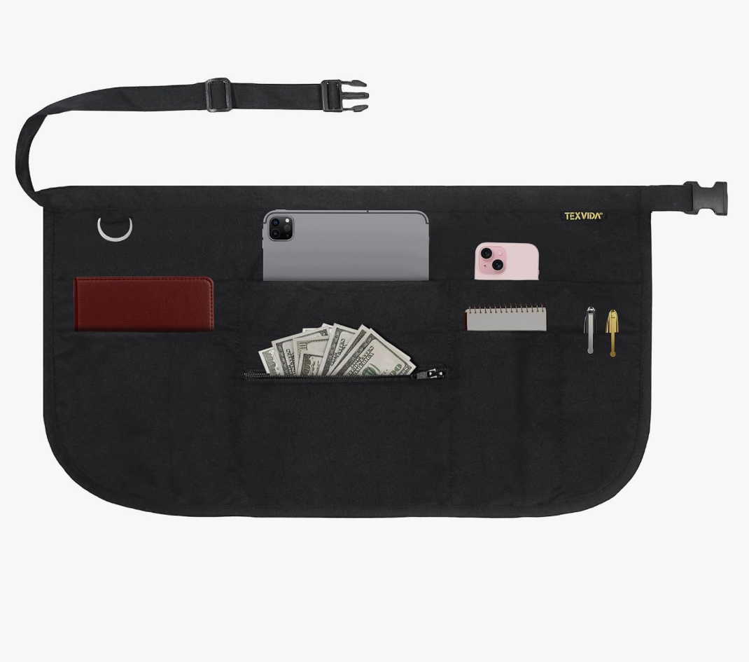 7 Pockets Server Apron with Buckle Closure & Zippered Money Pouch – Stain Resistant, Black Waitress Apron