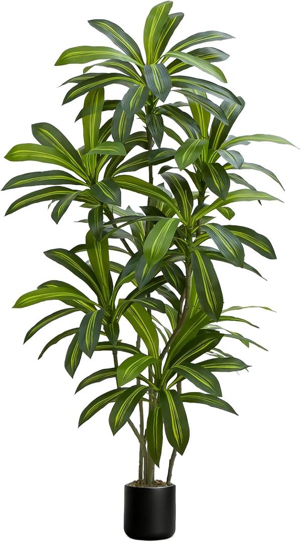 UPBUD Artificial Dracaena Tree, 6FT Large Faux Potted Plant with Real Touch Leaves & Black Tall Planter, Fake Floor Trees Lifelike Dracaena Plants for Outdoor Indoor Home Office Living Room Decor