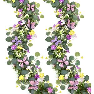 Waipfaru 2Pcs Eucalyptus Garland with Daisy 3D Butterfly, Green Garland with Flowers, 5.9FT Artificial Faux Eucalyptus Leaves Vines for Table Mantle Home Wedding Party Indoor Outdoor Decor