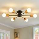 Fivootvi Semi Flush Mount Wood Ceiling Light Fixture 6-Lights Rustic Wooden Sputnik Chandelier Farmhouse Ceiling Lighting Oak and Black with E26 for Dining Room Bedroom Kitchen Lighting Fixture.