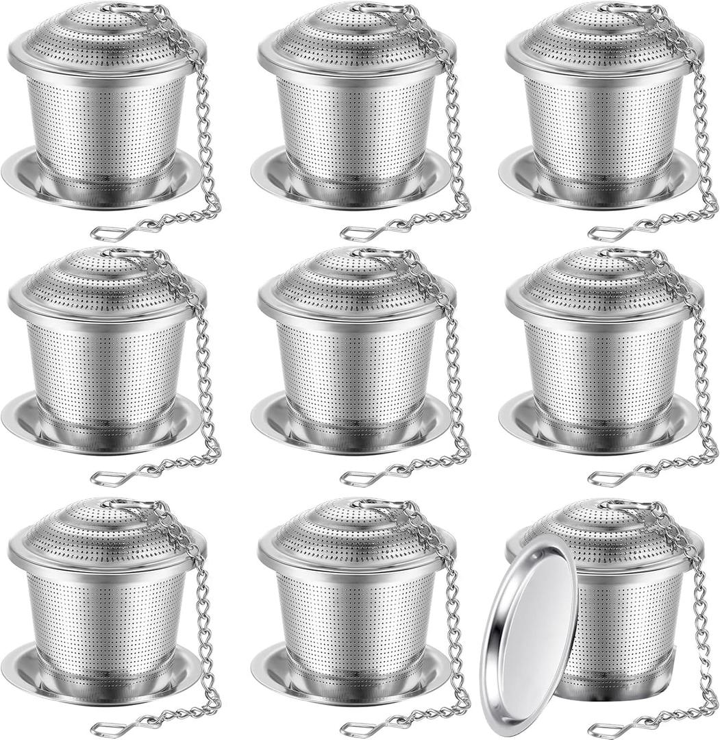 Zopeal 9 Pcs Tea Infuser Stainless Steel Strainer with Extended Chain Hook and Saucer Loose Leaf Steeper Fine Mesh Ball Tea Filter for Brew Spices Seasonings Fits Cup Mug Bottle
