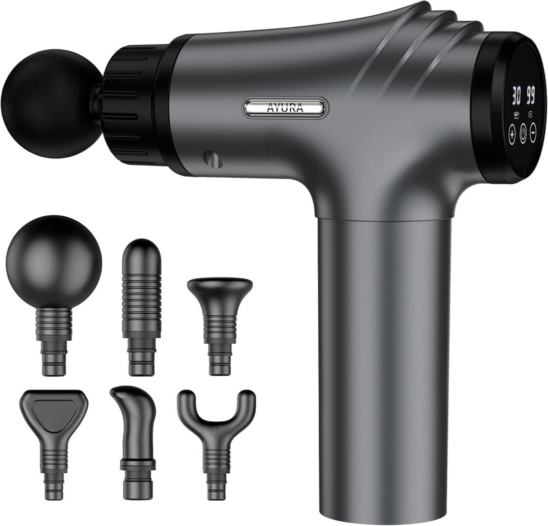 AYURA Massage Gun, Deep Tissue Percussion Muscle Massager Gun, Handheld Back Massager for Pain Relief, Electric Massager with 30 Speeds and 6 Heads for Athletes Men Women (Grey)