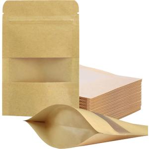 100 Pcs Resealable bags,3.5" x 5.5" Stand Up Kraft Paper Bags with Matte Window, Zip Lock Food Storage Bags for Packaging Products, Reusable, Sealable (Brown)