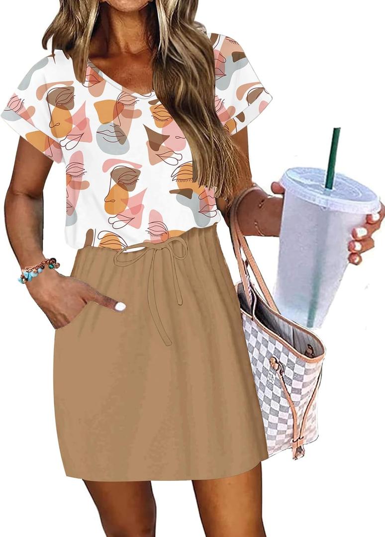 AUSELILY Women's Summer Dress 2026 Short Sleeve Tshirt Drawstring Waist Beach Cover up Casual Mini Short Dresses with Pockets (XL)