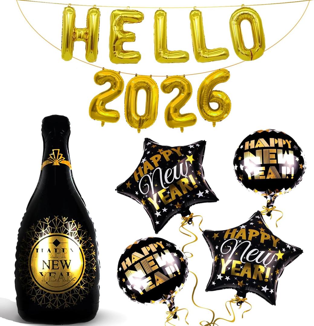 Hello 2026 Balloons Gold for New Years Decorations 2026 - Giant, 40 Inch Happy New Year Champagne Balloon | Happy New Year Balloons Foil, 2026 Balloon Numbers, New Years Eve Party Supplies 2026