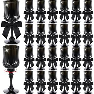 LemonRoad 24 Pcs 3 oz Plastic Wine Glasses Valentine Vintage Goblets with Bows Coquette Champagne Glasses Unbreakable Goblets for Women Galentine Dinner Wedding Party Grand Event(Black)