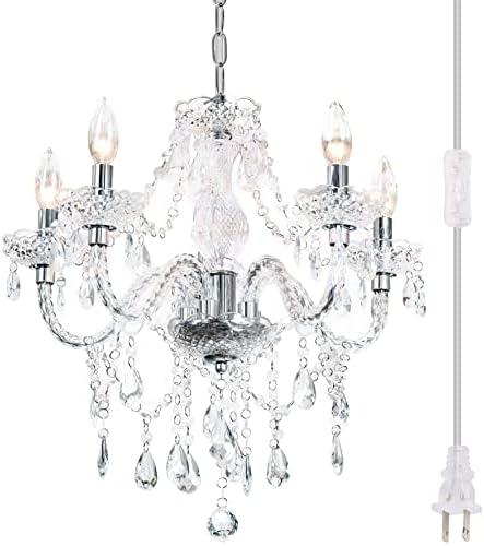 Plug-in 5 Light Crystal Hanging Pendant Lights Acrylic Chandelier with Clear Cord & On/Off Switch H19 D19.7 for Kitchen Island Girls' Room Dining Area Laundry Pavilion.