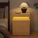 Wooden Nightstand with Charging Station & LED Lights, Modern Fluted Bedside Table with Sliding Top & Drawers for Bedroom & Living Room, Natural Oak, 17.7 inches x 15.7 inches x 22 inches