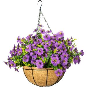 Artificial Hanging Flowers for Outdoors with Basket,UV Resistant Realistic Faux Hanging Plants Outdoor Artificial Flowers for Outdoors Basket for Yard Porch Patio Garden Home Decor,12 Bundles(Purple)