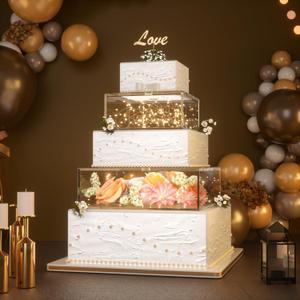 2PCS Clear Acrylic Cake Stand, Fillable Cake Box Riser Cake Tier, Square Cake Display Box with Lid, Decorative Centerpiece Box for Wedding Birthday Party (2pcs, 10" Dx4 H; 6" Dx4 H, 2M LED Lights)